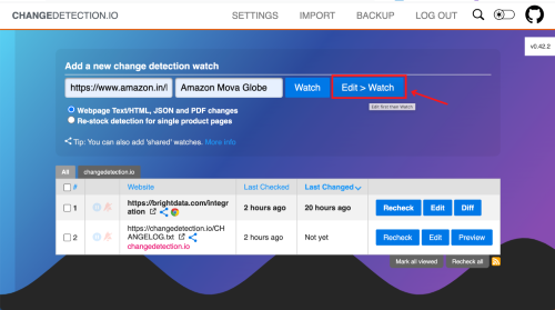 Change detection configuration screen showing Watch settings interface.
