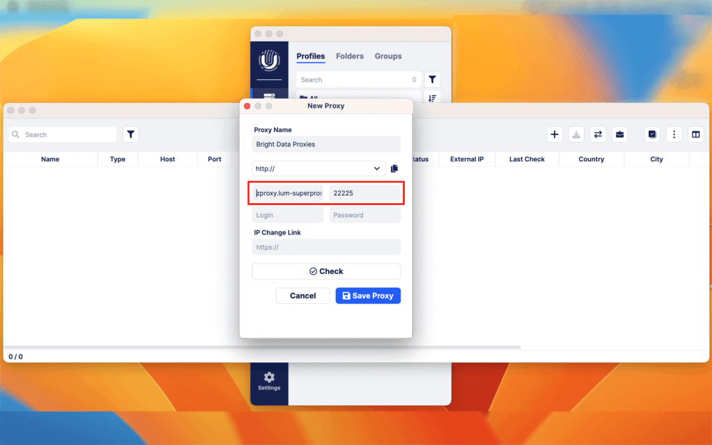 Proxy settings window over application interface, colorful background.