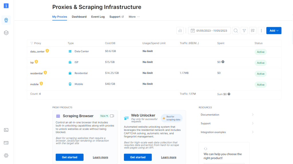 Proxies and Scraping Infrastructure dashboard with active proxies.