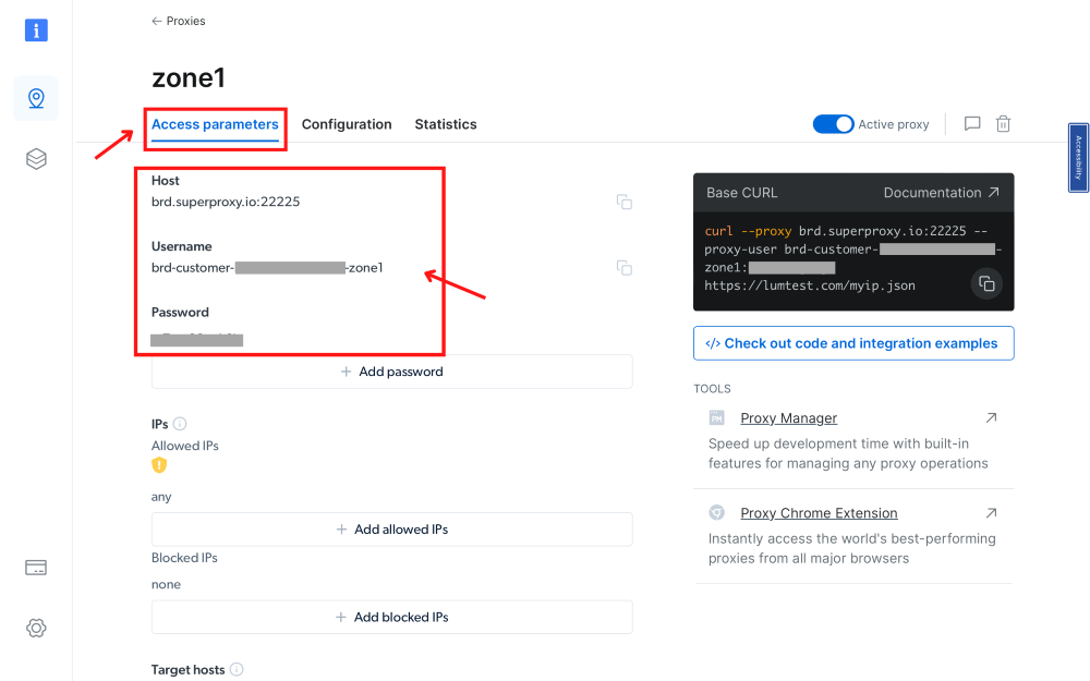 Proxy server configuration screen with access parameters highlighted.