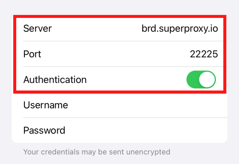 Proxy server settings with authentication enabled.