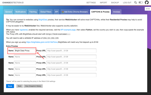 Webpage with proxy settings form for CAPTCHA solutions.