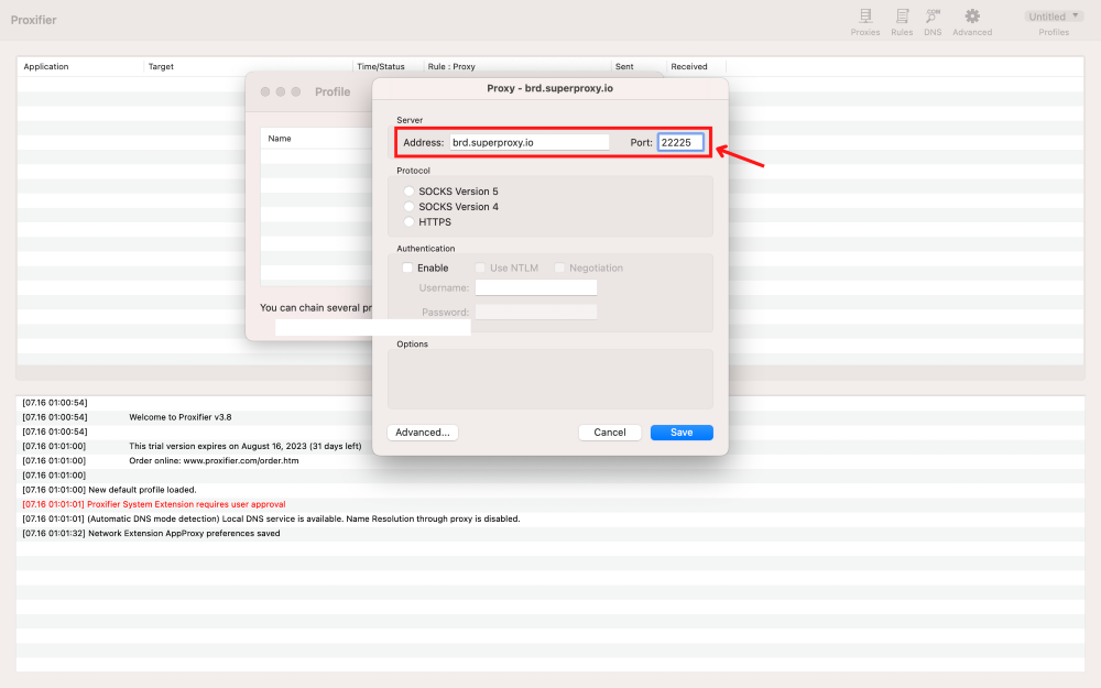 Proxy settings window with address and port fields.