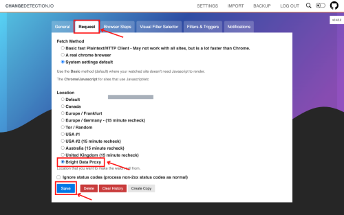 ChangeDetection settings page with various options selected and highlighted.