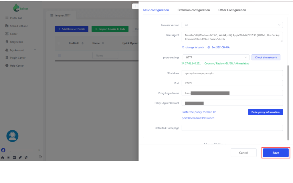 Configuration window with proxy settings filled out, Save button highlighted.