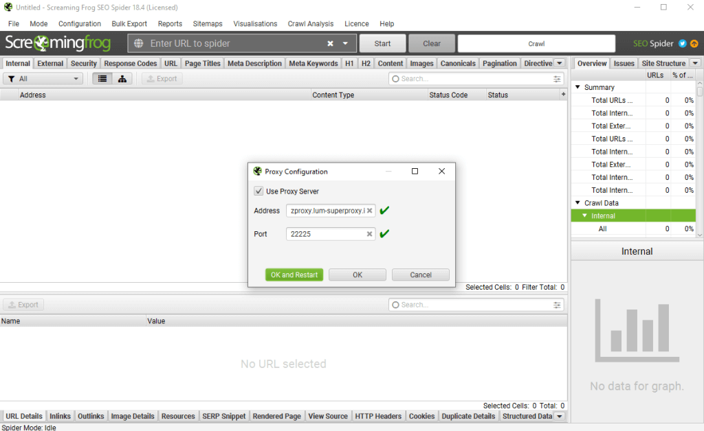 Screaming Frog interface with proxy configuration window open.
