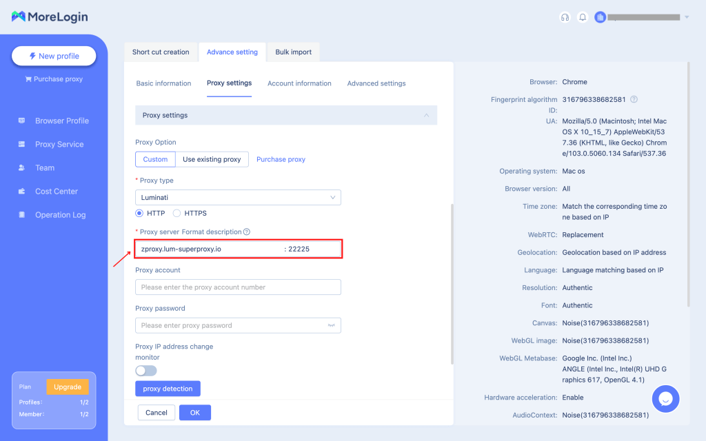 Proxy settings interface with connection details displayed.