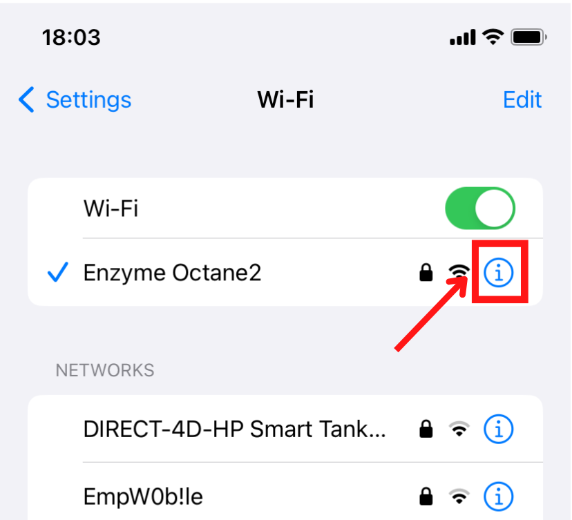 Wi-Fi settings screen with networks and details icon.