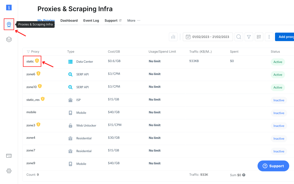 Proxy dashboard showing various types and statuses.