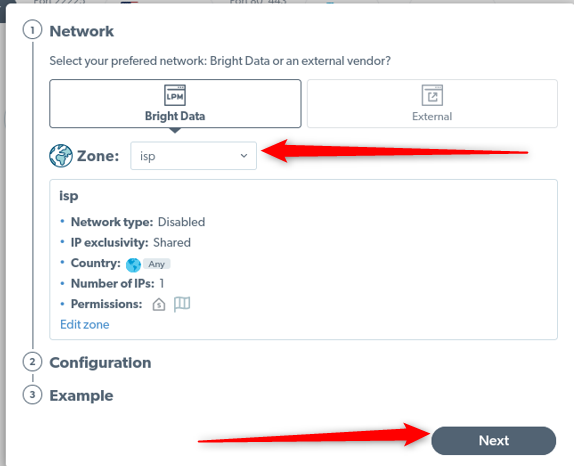 Network configuration screen with ISP zone selected.