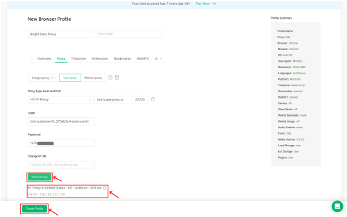 Browser profile creation screen with proxy settings.