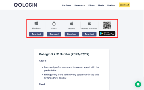 GoLogin download options for various operating systems displayed.