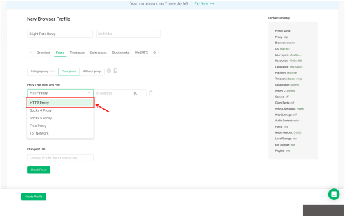 Dropdown menu for selecting proxy type in browser settings.