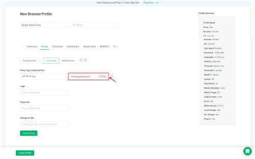 Browser profile proxy settings with HTTP proxy highlighted.