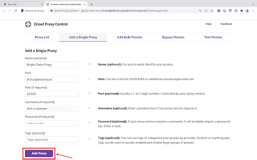 Form to add a single proxy displayed online.