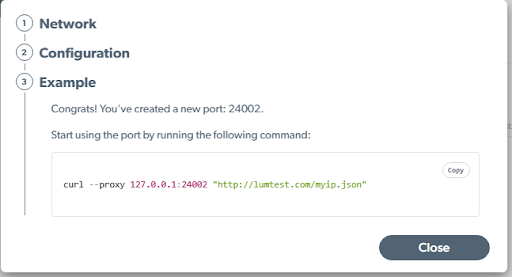 Command for using newly created port displayed.