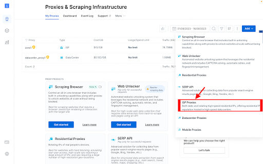 Proxy management dashboard showing different proxy types and details.