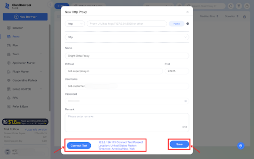 New HTTP Proxy setup screen with connection details.
