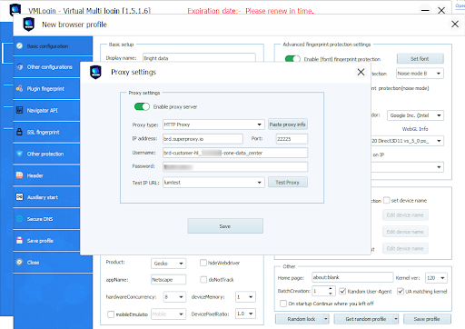 Proxy settings window in VMLogin software interface.