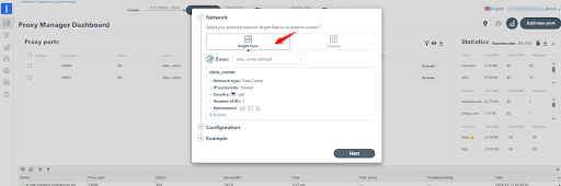 Proxy Manager Dashboard with network settings highlighted.