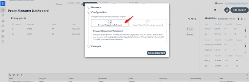 Proxy Manager Dashboard with a configuration popup displayed.