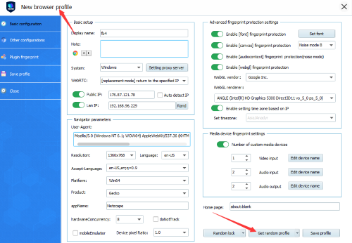 New browser profile setup screen with various configuration options.