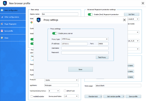 Proxy settings window in a browser profile setup.