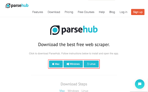 ParseHub download options: Mac, Windows, Linux.