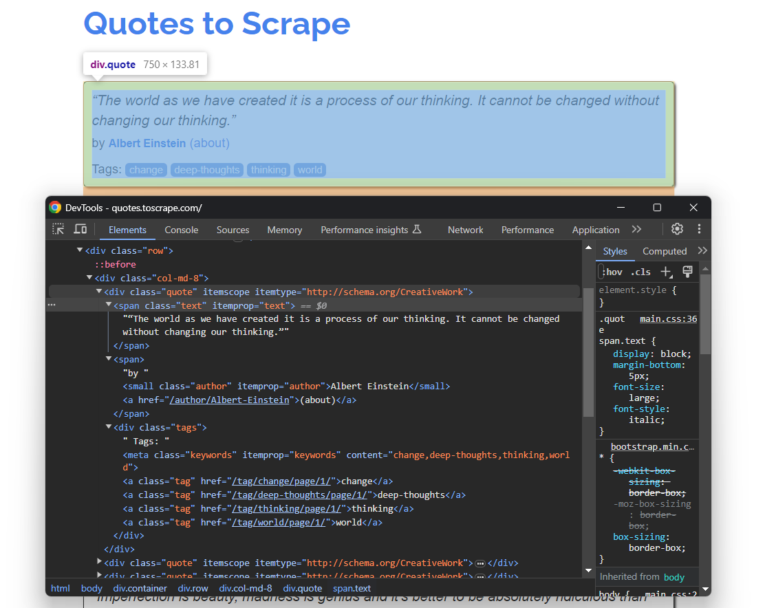 Inspecting the element of a specific quote