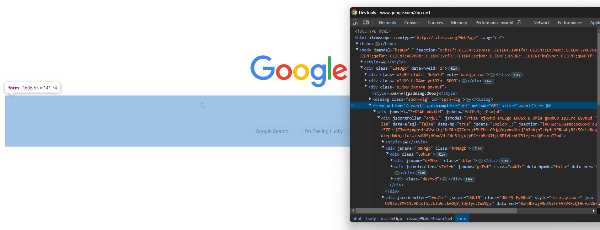 Inspecting the search form on Google's main page