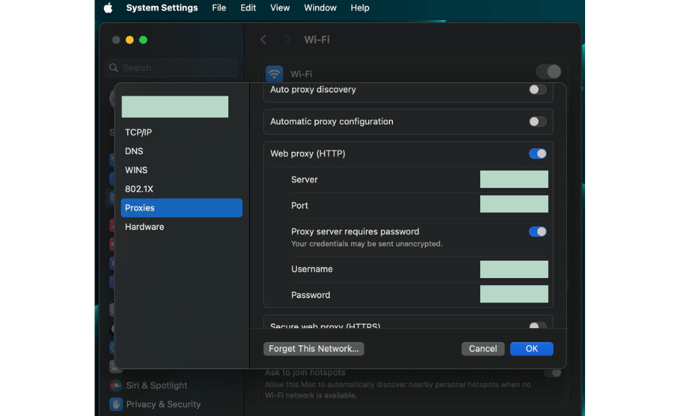 Proxy menu item in macOS