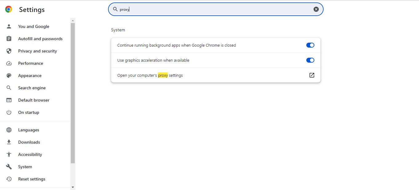 Searching for the proxy settings on the Chrome browser