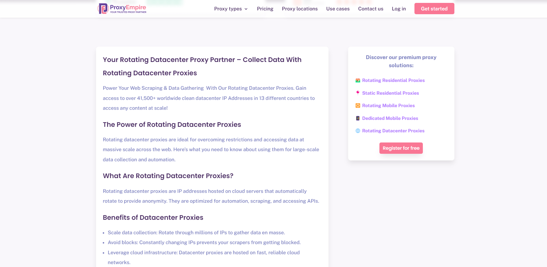 Datacenter Proxies page on ProxyEmpire's website