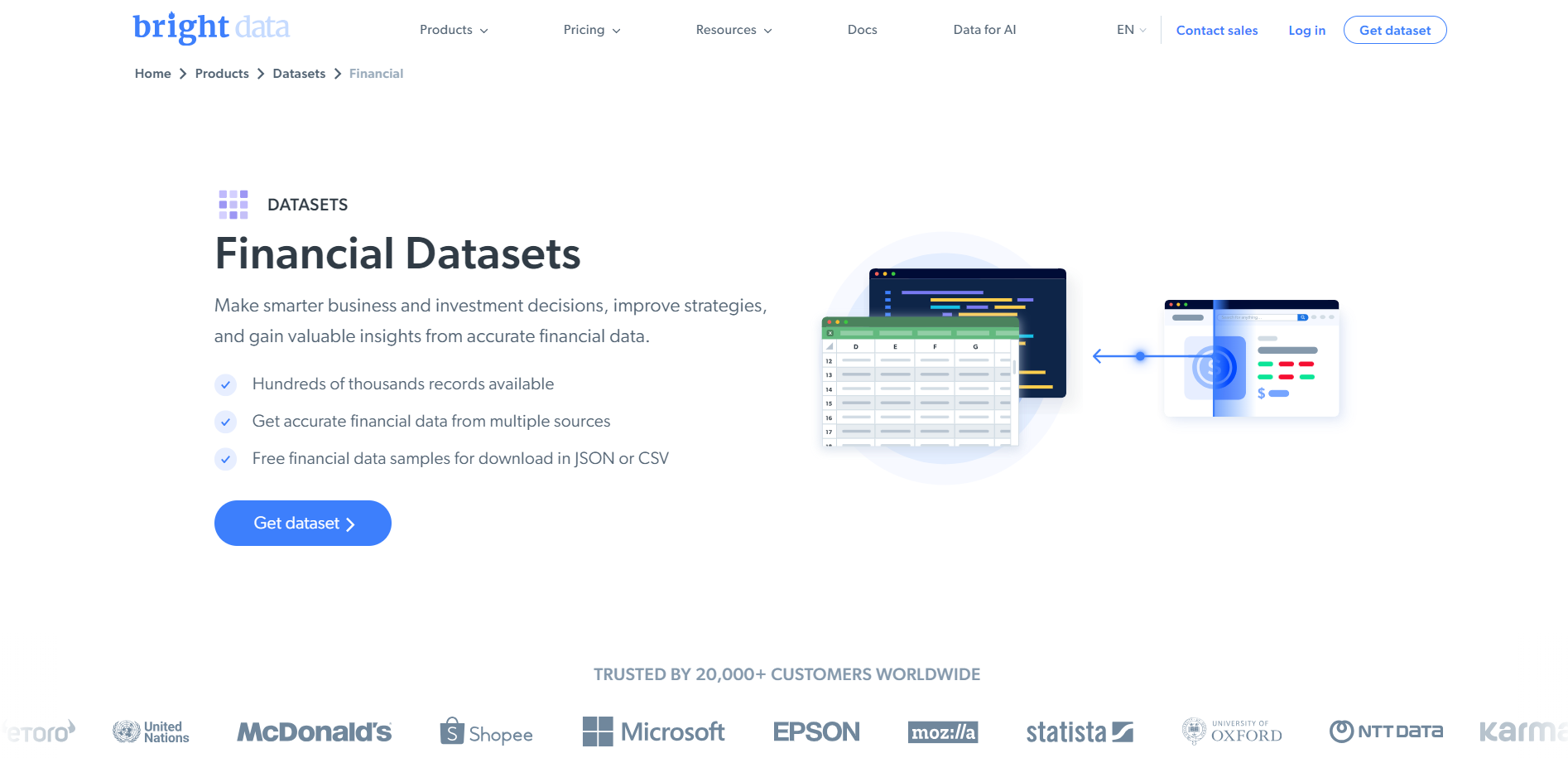 Bright Data's financial datasets page