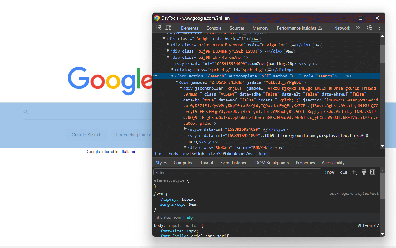 Inspecting the Google search form