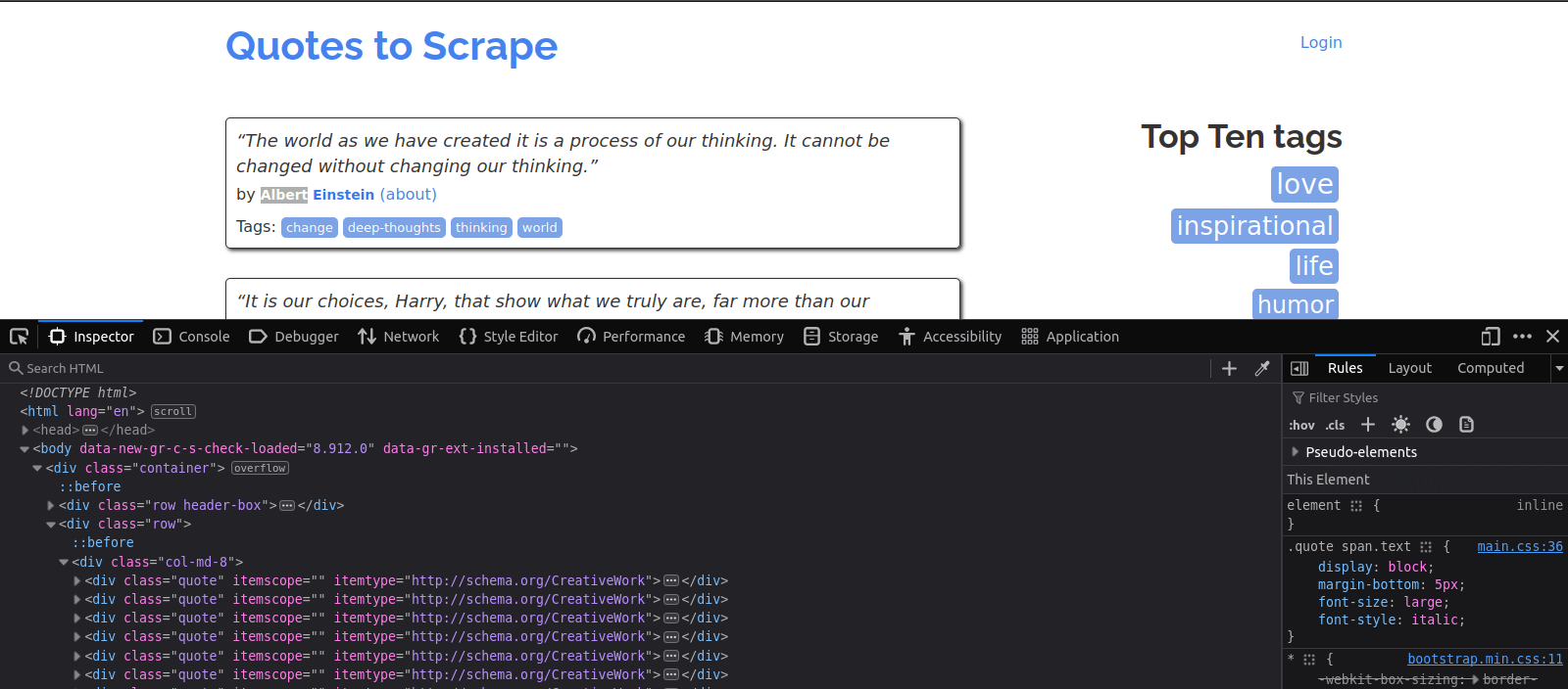 Inspect element in a web browser