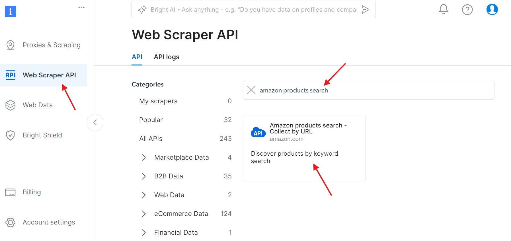Finding the Amazon API under the Web Scraper API