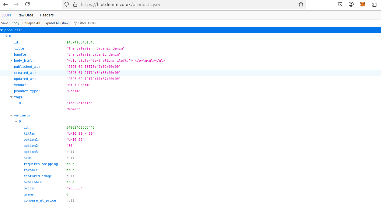 Shopify JSON Page