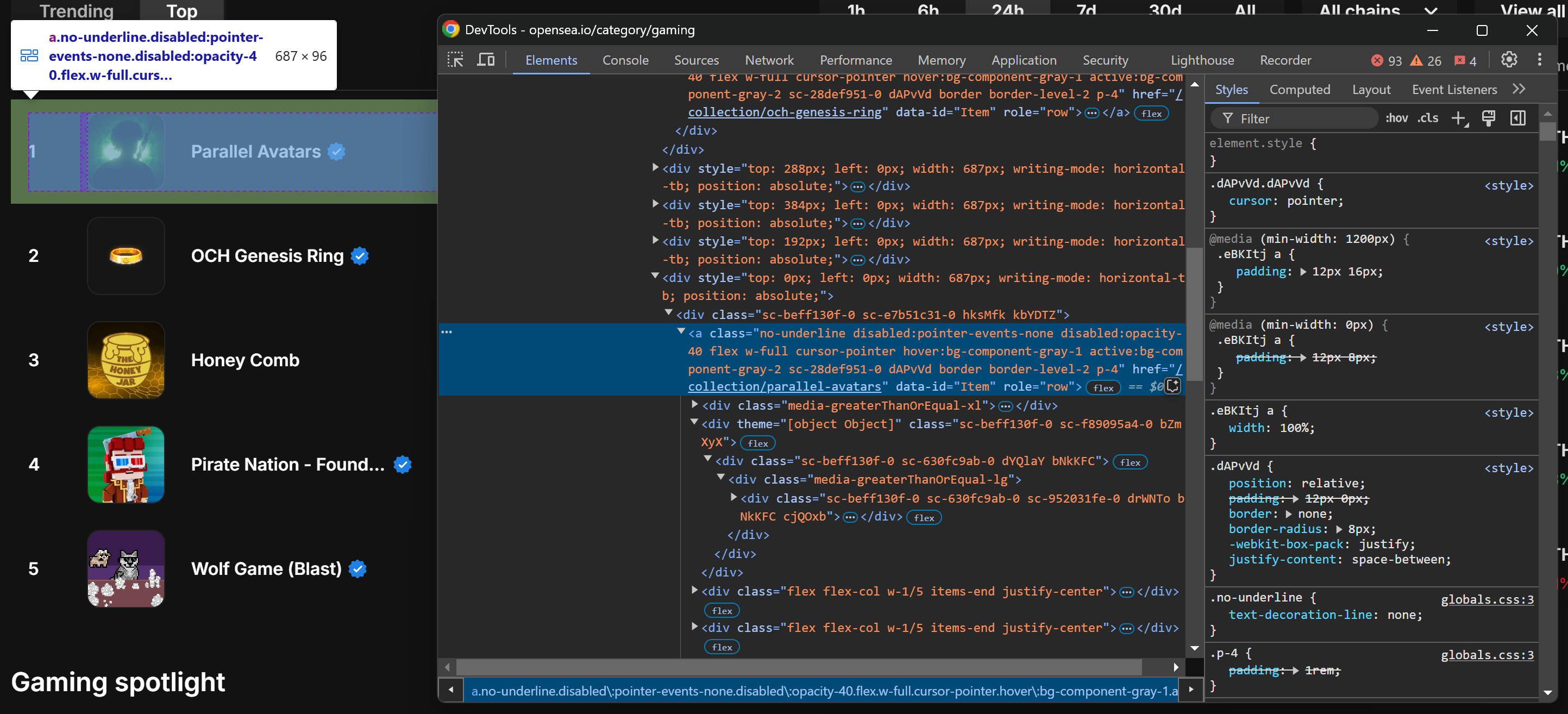 The DevTools section for the NFT collection item
