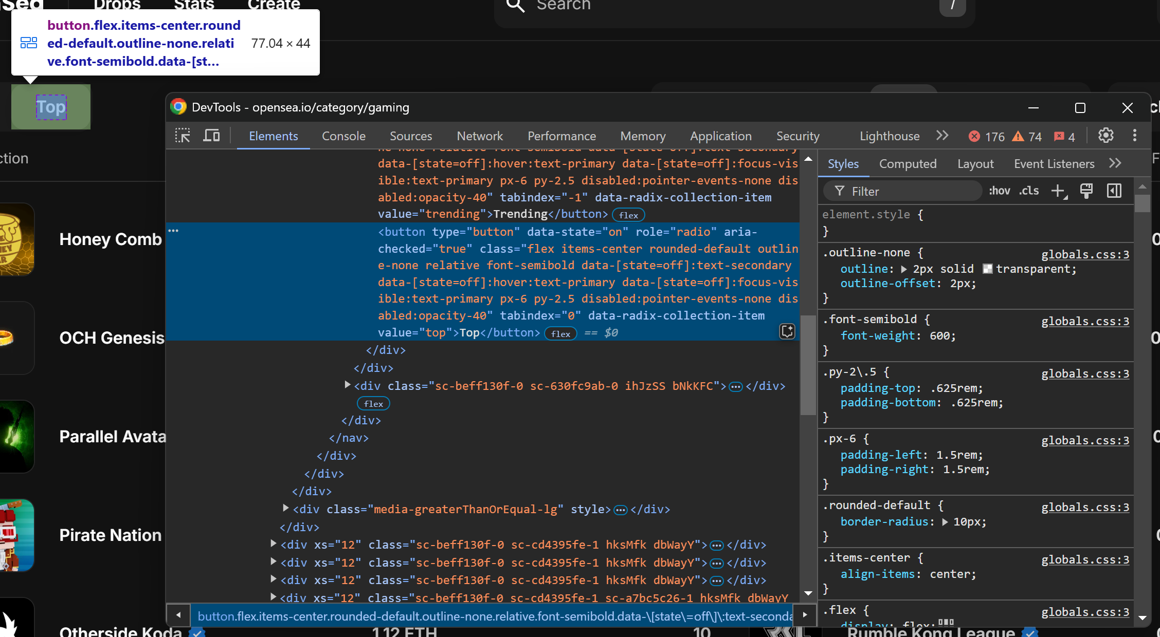 The DevTools section for the “Top” button
