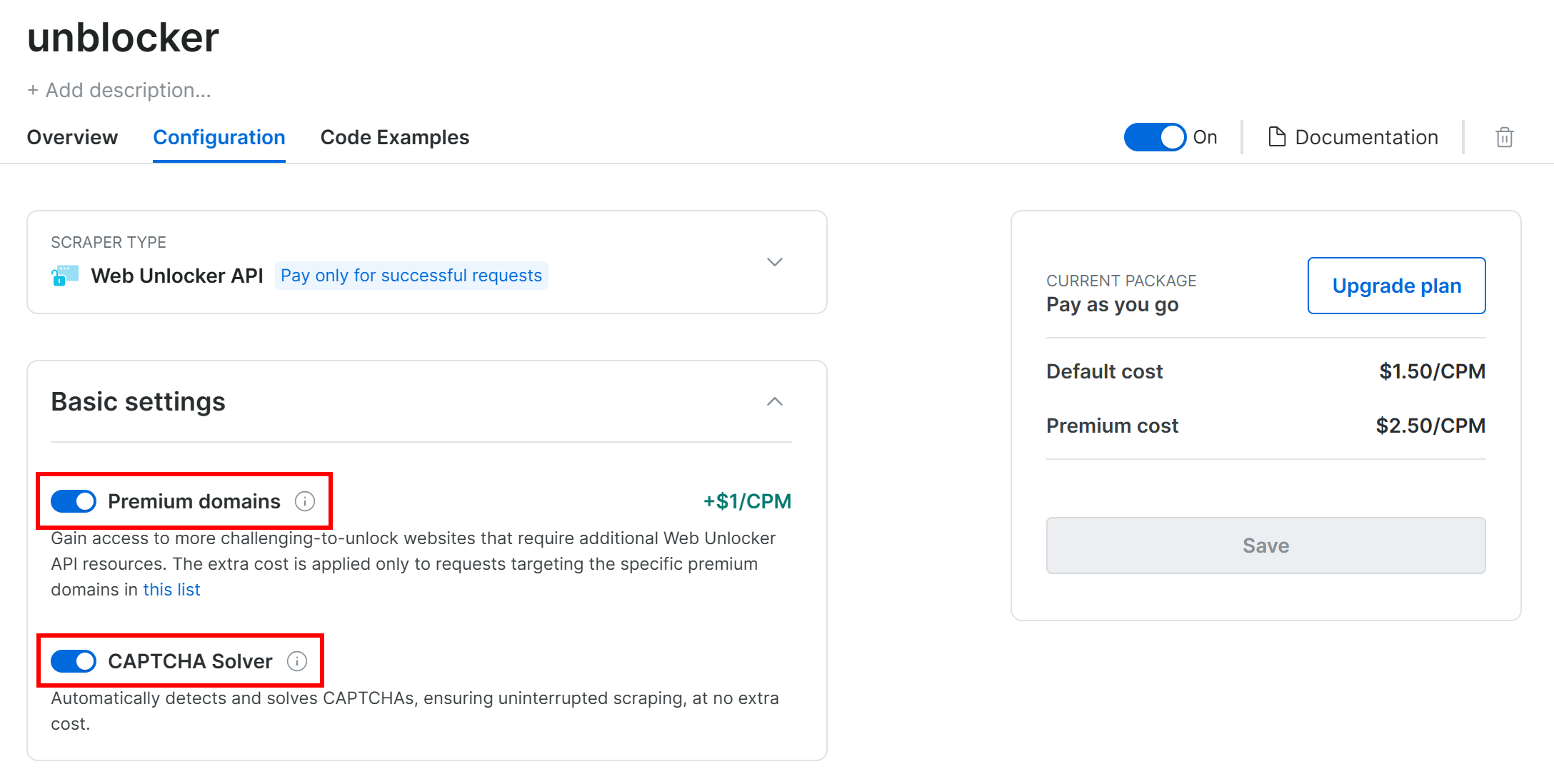 Enabling the "Premium domains" and "CAPTCHA Solver" options