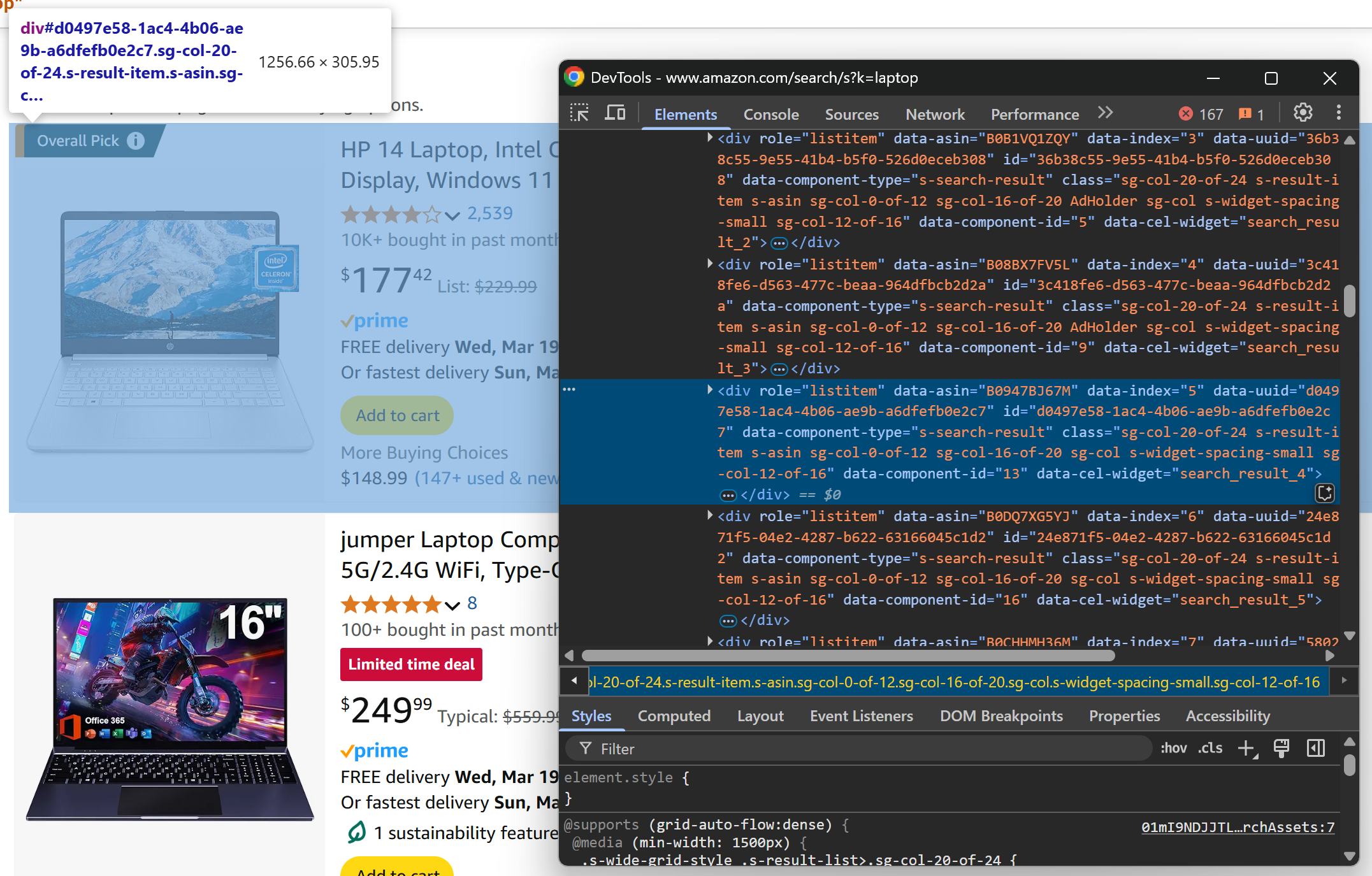 Inspecting the product listing element