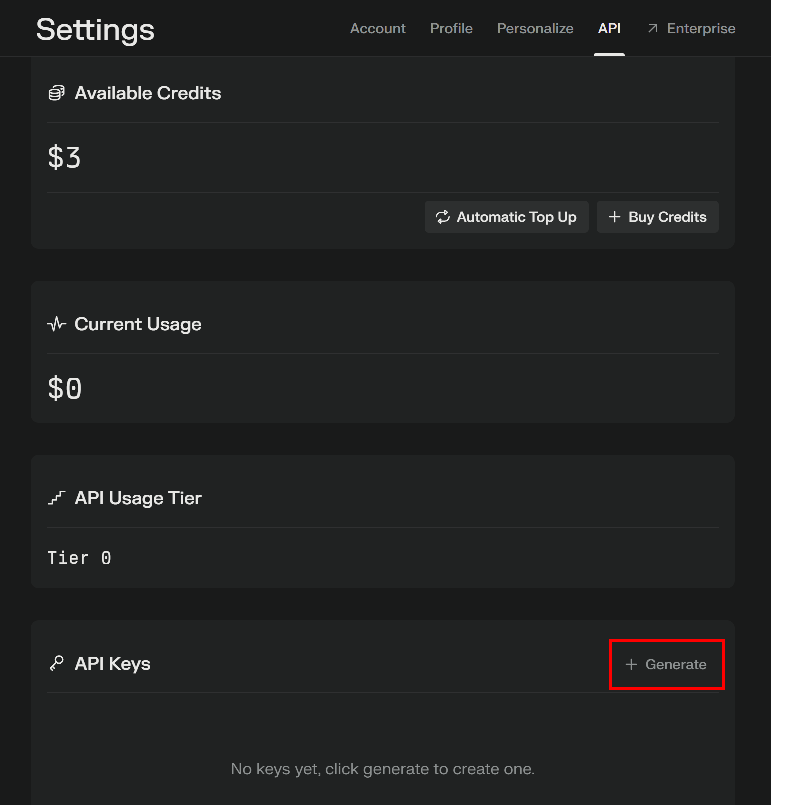 Pressing the “+ Generate” button to create the API key