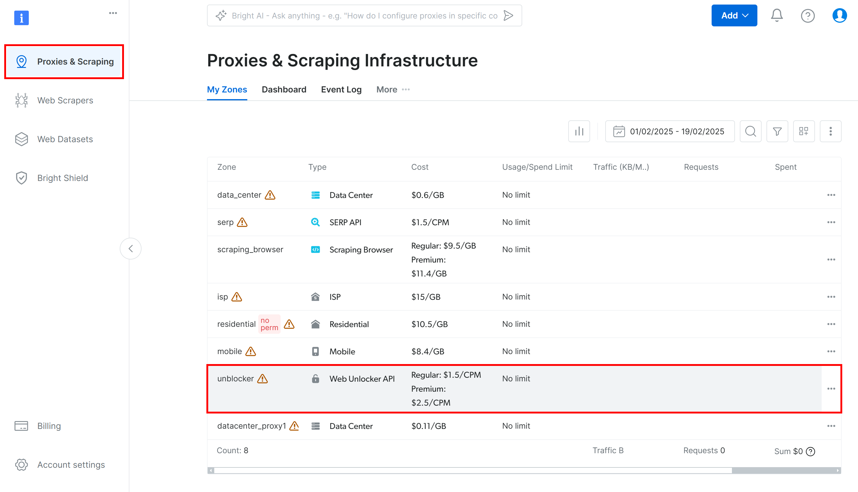 Selecting the "unblocker" option in the Bright Data dashboard