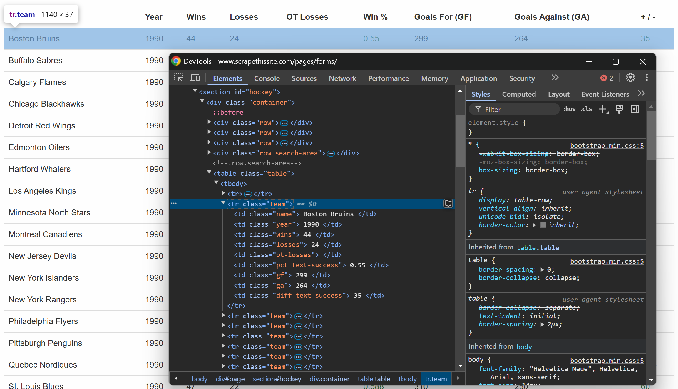 The HTML structure of the row elements