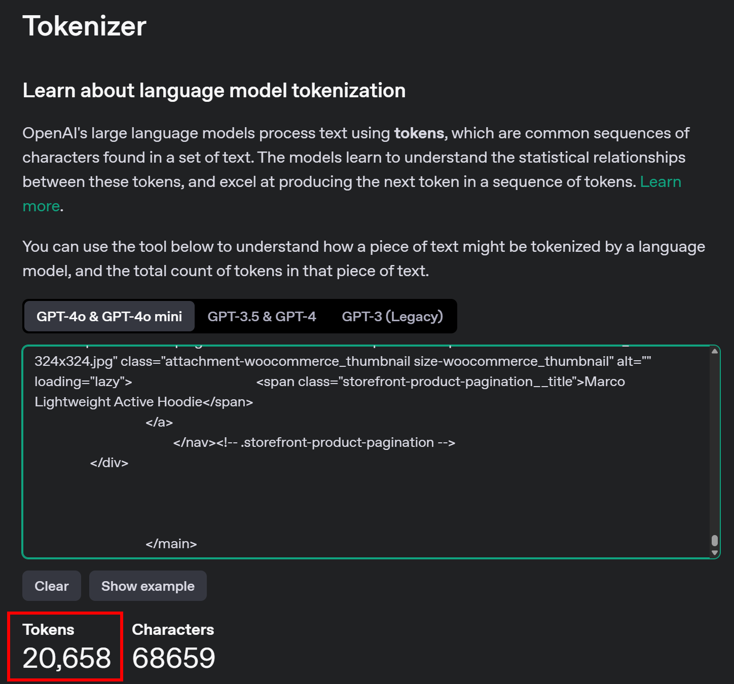 The #main HTML corresponds 20,658 tokens