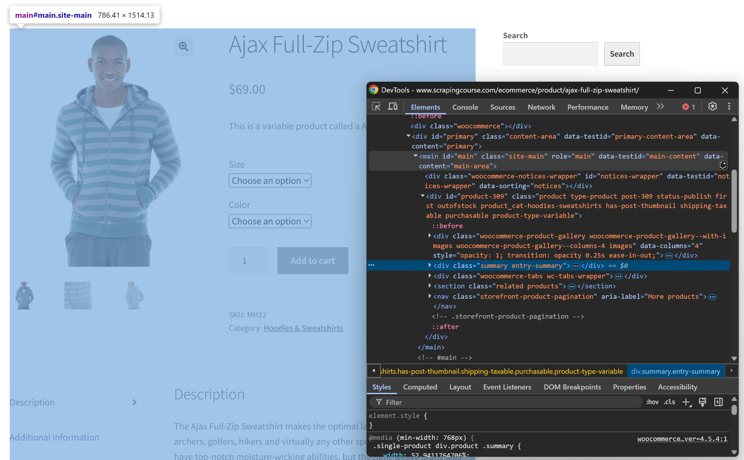 The #main HTML element with the product data
