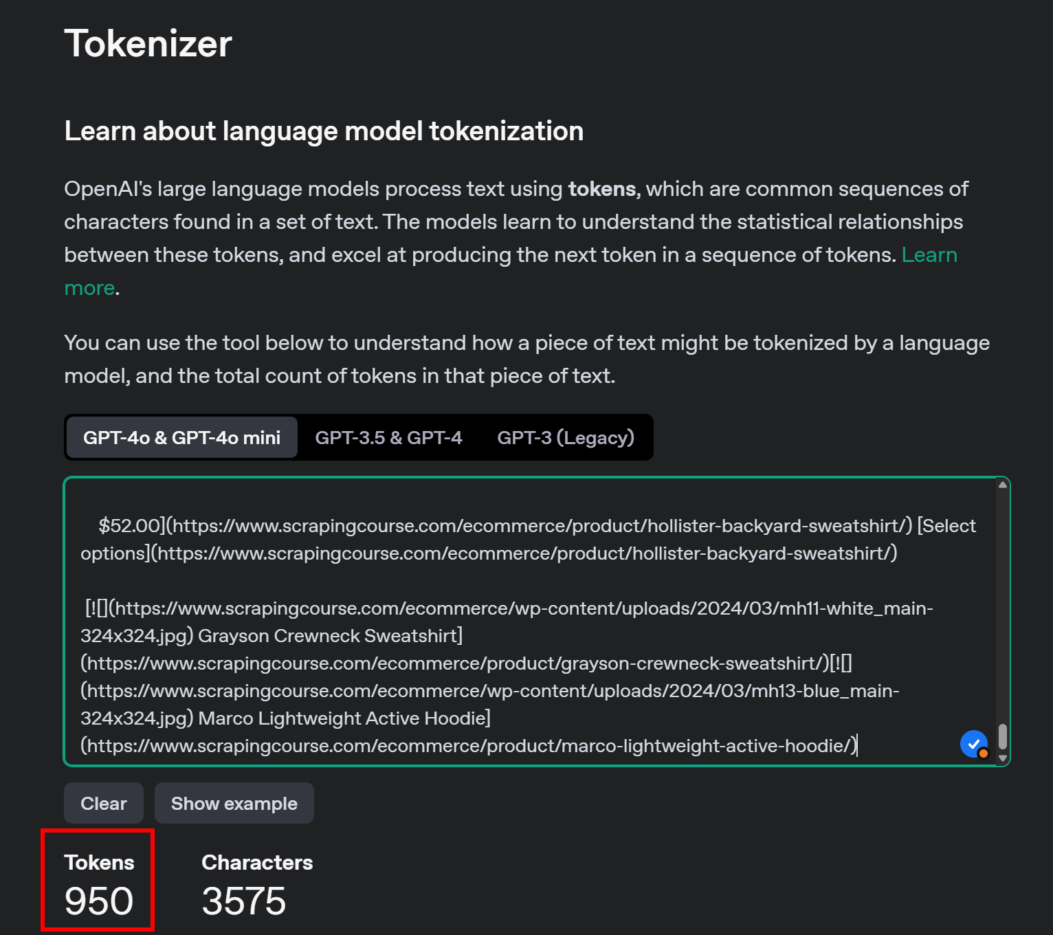 The #main Markdown content corresponds 950 tokens