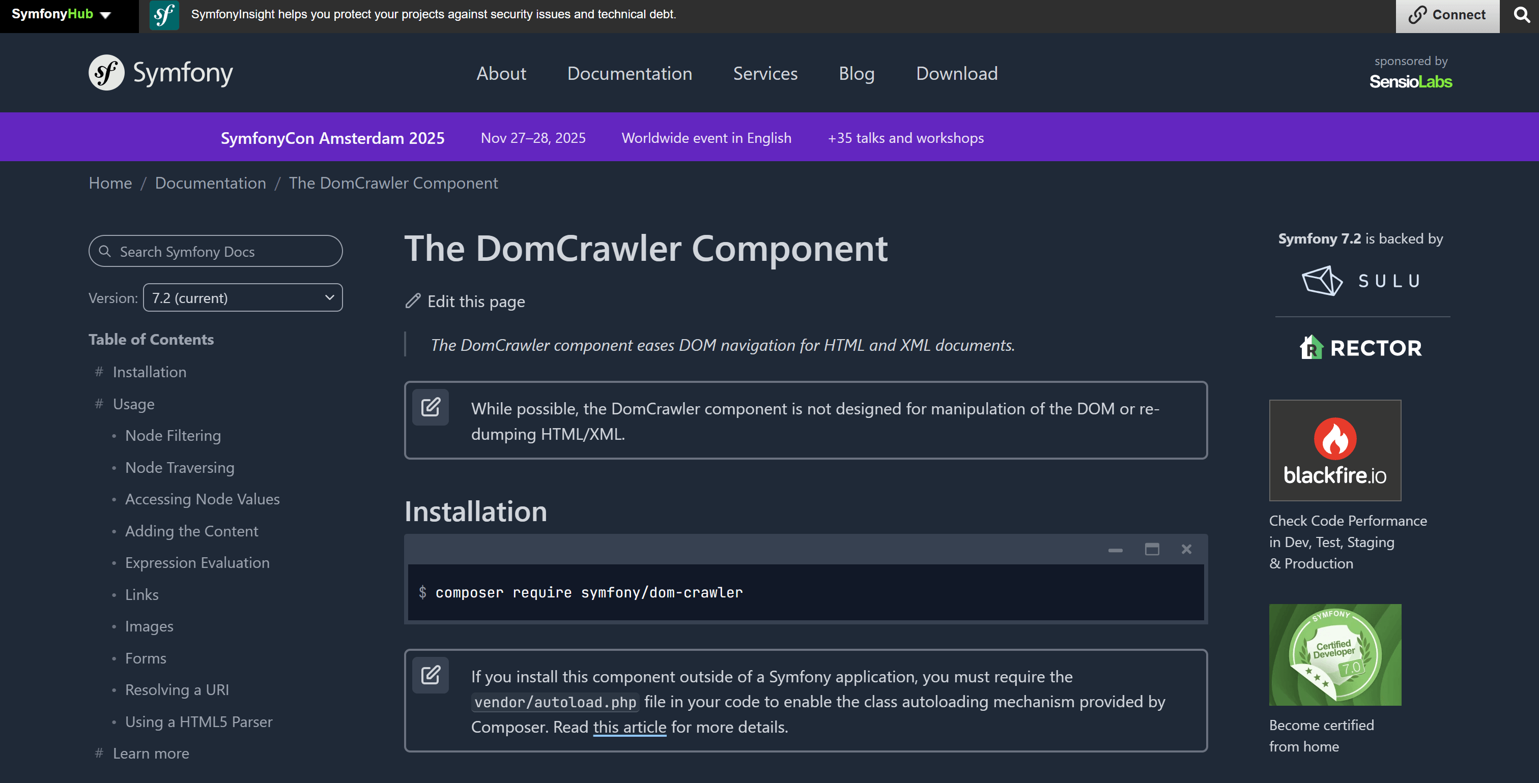 DomCrawler’s Symfony page