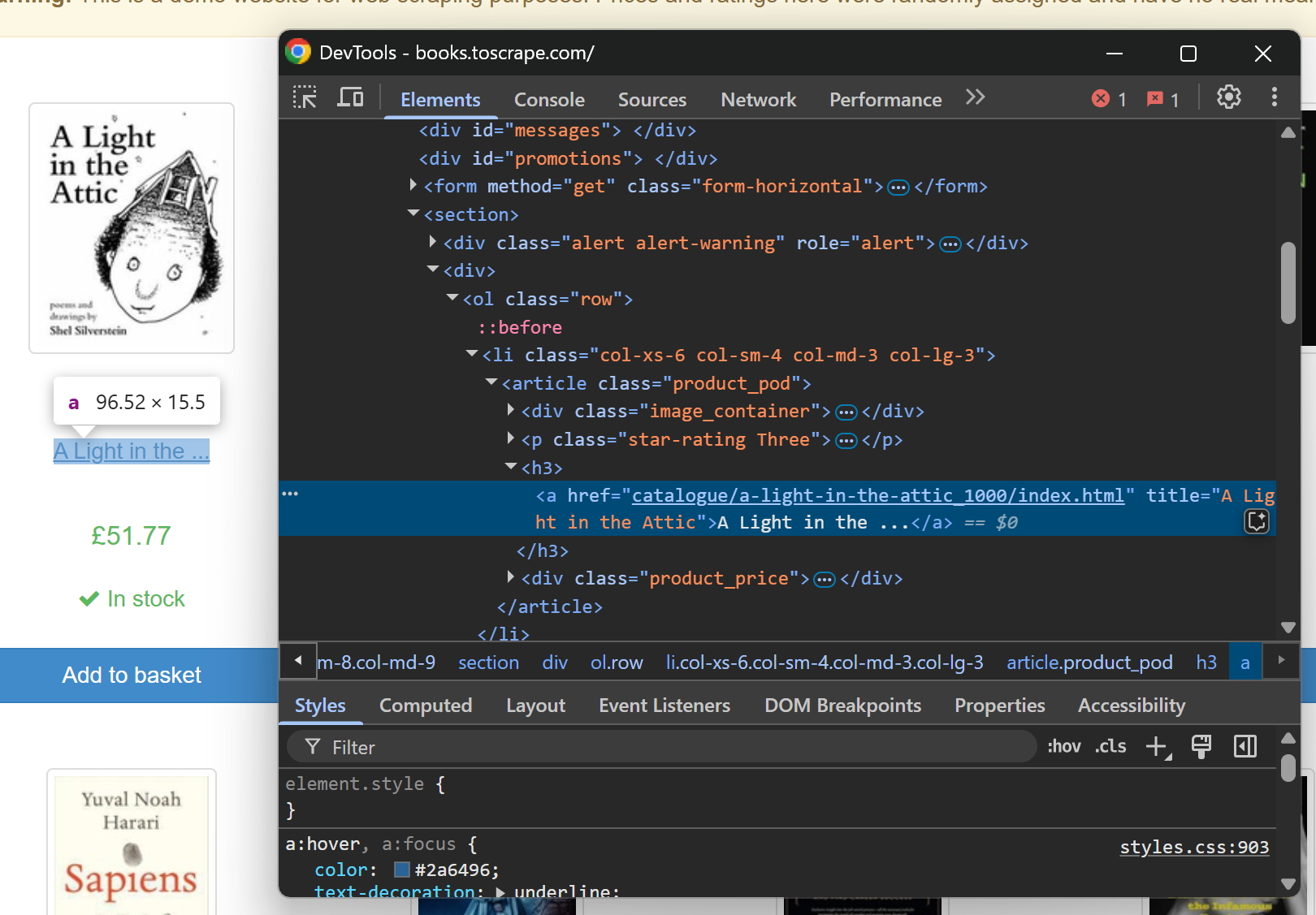 Inspecting a product HTML element